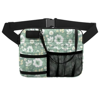 Зелена Малка чанта с джобове и свежи бели цветя модел, Удобна дръжка, поясная чанта, удобна за носене, петна-устойчиви чанта през рамо