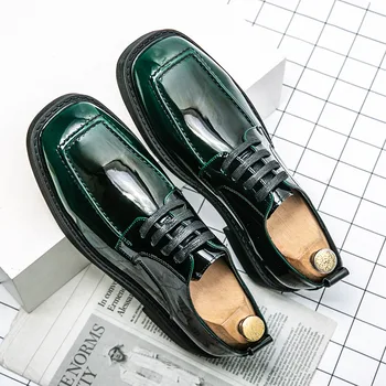 2022 г., Нови Модни Мъжки Модел обувки с Квадратни пръсти, Кожени обувки на платформа за Мъже, Вечерни Oxfords Дантела, Мъжки Огледално Луксозни Обувки
