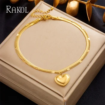 RAKOL, модни гривни с отложено във формата на сърце златен цвят за жени, Регулируема Двуслойни гривна-верига, Лятна парти, Плажни аксесоари