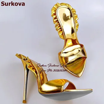 Surkova Златисто-черни Чехли на висок ток от матова кожа, украсени рюшами, Сандали на високи токове с острия пръсти, вечерни обувки