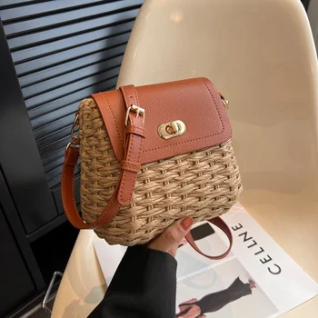 Луксозна Дизайнерска чанта през рамо от ратан За жени 2023, Модни сламени чанти ръчна изработка, Лятна Дамска чанта