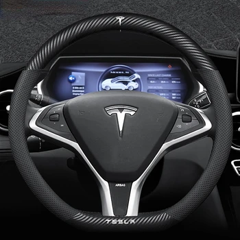 Нов Горния слой на Кожата от въглеродни влакна, дишаща калъф на волана за Tesla Model 3 Y X 2022, Аксесоари за стайлинг на автомобили