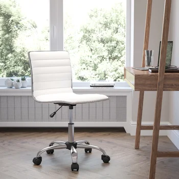 Дизайнерски офис стол Flash Furniture с ниска облегалка, без подлакътници, бяла оребрена, отточна тръба на шарнирна връзка, за да работят