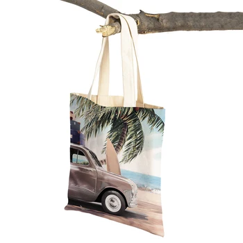 Плажна чанта с двоен принтом, Кокосова палма, Автомобил, Лодка, Чайка, Чанта за пазаруване, Множество Дамски чанти-тоут, Ежедневни холщовые дамски чанти за пазаруване