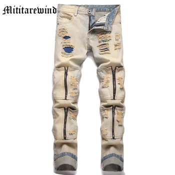 Мъжки дънкови панталони в стил пънк, Ретро дизайн с цип, с окъсани Дънки дупки, Пълна дължина, Универсален y2k, многоцветни, Шик, на Главната улица