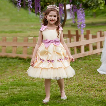Детско Бална рокля на принцеса за сватба, рожден Ден, Къси детски сатенени вечерни рокли без ръкави с лък