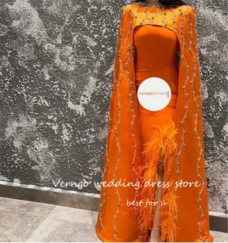 Verngo Оранжеви Луксозни сатенени Саудовско-арабски дамски официални рокли С украса във вид на кристали, яке, пера, сплит, Дубайские дамски официални рокли за бала