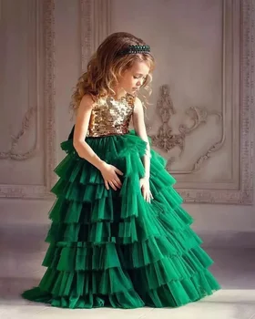 Многопластова рокля от зелен Тюл със Златни пайети за Момичета В цветенце, Сватба, рожден Ден, Детски конкурс за красота, Бална рокля, рокля за Първо Причастие