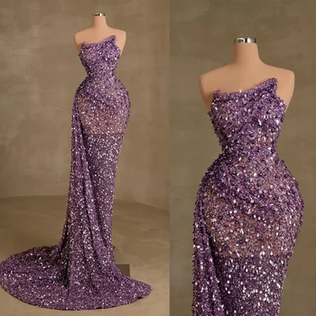 Блестящи Пурпурни рокли за бала, без презрамки, официални рокли на Русалка с пайети, Подвижна панделка, направени по поръчка, Robe De Soirée