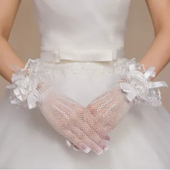 Елегантни Сватбени ръкавици с къси цветя, Сватбени ръкавици с пръсти, Сватбени аксесоари, цветове бяла слонова кост