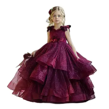 Бордовое сватбена рокля с цветя модел за момичета, Дантела и мъниста, рокли за малки момичета с цветя аппликацией, празнични рокли, облекло принцеса