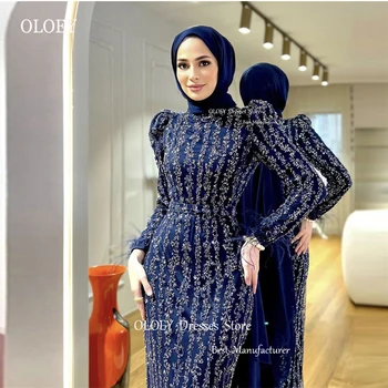 OLOEY Блестящи Дантелени Мюсюлманските Арабски дамски официални рокли в Тъмно синьо с кружевными пера Русалка в Дубай за специални случаи, рокли за абитуриентски бал, Новости.