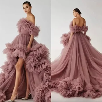 Ново секси рокля за бала Трапецовидна форма с открити рамене, дълги до пода, с влак, от Тюл, с отворен гръб, по-Големи размери по поръчка
