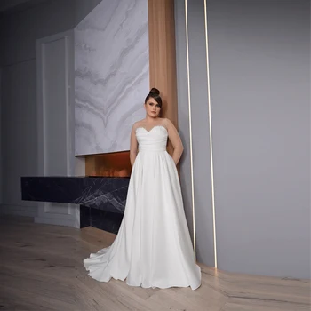 Модерни бели сватбени рокли, бродирани с мъниста, придворен струята, Трапециевидное сватбена рокля с прости ръкав, драпированное официална вечерна рокля