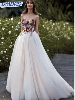 Романтична рокля с кръгло деколте за булката, Елегантна Дълга Сватбена рокля Трапецовидна форма, Класически апликации, Сватбената рокля Robe De Mariée