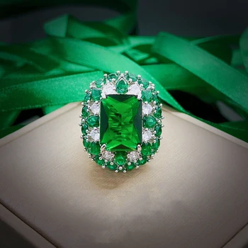 Европа и Съединените Щати, луксозно годежен пръстен, жената пръстен със зелен цирконием, модно дамско пръстен (размер може да се регулира)