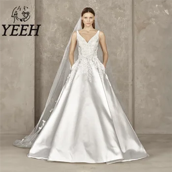 Да, Луксозна сватбена рокля с кружевными апликации, Елегантна Сватбена рокля с V-образно деколте и открити V-образната облегалка, Придворен струята, Vestido De Noiva за булката