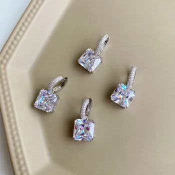 Набор от Ноктите От Сребро S925 Проби, квадратен основният камък, обици с диаманти, Модерни блестящи обеци с Квадратни диаманта От Цирконий, обеци