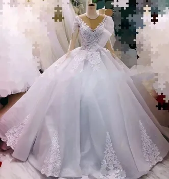 Новост 2024, Сватбената рокля на Принцеса с прозрачно деколте и накъдрен, Сватбена рокля от Органза, Дълги Ръкави, Лейси апликация, Vestidos De Новия, Сшитое по поръчка