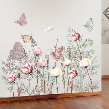Стикер за стена с цветя, Пеперуди Тапети за хола Цветя Декор на стените Спални Художествен плакат Виниловое декорация Тапет с пеперуда