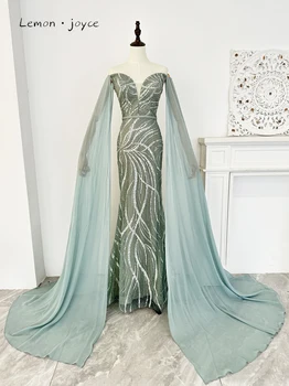 Lemon Joyce Зелени Луксозни вечерни рокли с V-образно деколте и ръкав-капки, бродирани с пайети, за жени от Саудитска Арабия, Нови постъпления 2023