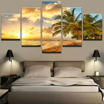 Палми, Море, Плаж, Залез, Пейзаж, печат върху платно, монтиран на стената артистичен Интериор, HD Печат на Снимки, Плакат, Начало декор, Без рамка