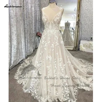 Lakshmigown Реколта Сватбени рокли в стил Бохо с дантела цвят Шампанско 2023, Секси Сватбени Рокли за Младоженци на тънки спагети презрамки