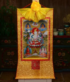Тибет, Коприна с шарките на Тибетски Буда, позлата, Тханка Тханка, будизъм, Бяла Тара Клан-ин