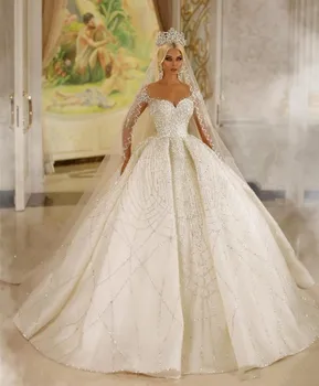 Очарователно сватбена рокля, расшитое пайети и кристали, сшитое по поръчка с открити рамене, сватбени и бални рокли Vestido De Новия