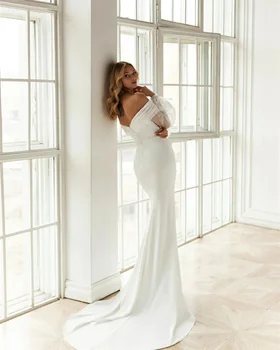 MULOONG Елегантна Сватбена рокля с открити рамене, буйни ръкав на Сватбена рокля с отворен гръб, дължина до пода рокля с влак, Новост 2023 година