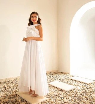 AsaNagi/ Бели шифоновые вечерни рокли с Трапецовидна форма, с кръстосан яка, без ръкав, женски модно Елегантна вечерна рокля за бала 2023 г.