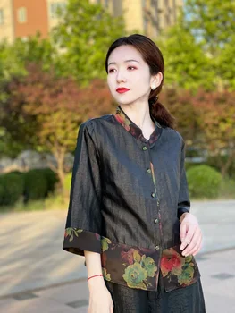 2023 Китайски ретро костюм в стил тан традиционен топ чонсам топ с флорални принтом стара блуза национален стил свободна блуза pd