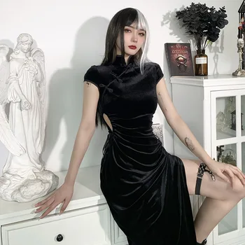 Тъмно готически Кадифе китайски рокли Чонсам, Реколта женски Черни Прилепнали Поли с цепка на дъното, Секси вечерна рокля Ципао 2022