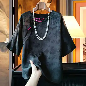 Лятна ретро жаккардовая риза в китайски стил, Дамски дизайнерски риза с кръгло деколте, Нова асиметрична риза с къс ръкав копчета, тенденция S-XXL