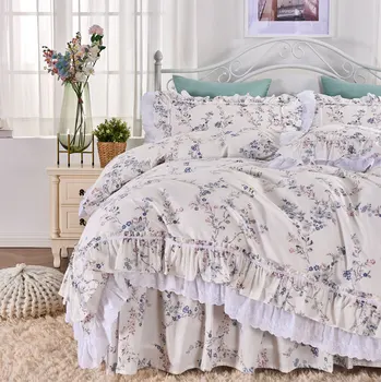 Американски кънтри дантелен комплект постелки с рюшами, близнак пълен комплект кралския futon спално бельо fairyfair, кувертюри, калъфка за възглавница, чаршаф