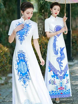 Традиционното женско синьо-бяло атласное рокля с къс ръкав Aodai Qipao, Винтажное китайското вечерна рокля Новост Рокли