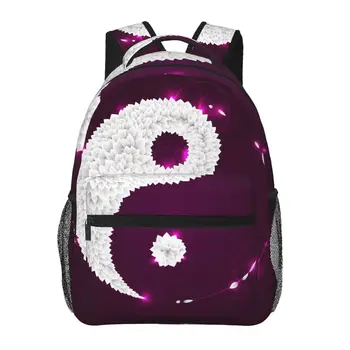 Жена раница с лилави листа Ин Ян, Модерна чанта за жени, Мъже училищна чанта, чанта за книги, Mochila