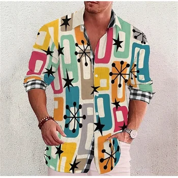 Модерна мъжка риза в клетката с геометричен модел, риза с ревера, градинска дрехи с дълъг ръкав, Дизайнерски ежедневни S-6XL
