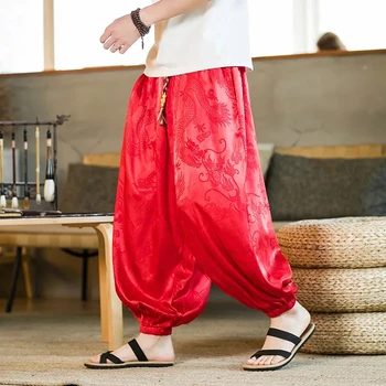 Мъжки реколта спортни панталони в китайски стил, Мъжки ежедневни панталони в стил хип-хоп и Street Бита, Харадзюку, ретро Зреещи с изображение на дракон, Свободни