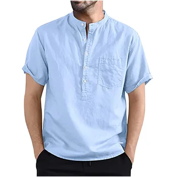 Качественото бельо риза от 100% памук, мъжка тениска с кръгло деколте, къс ръкав и джоб, Летни удобни ежедневни ризи, Облекло за мъже