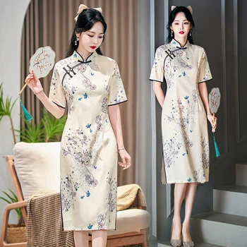 Подобрена мода, Ново дамско Винтажное китайското традиционната рокля Ципао с Рокля с къс ръкав за жени