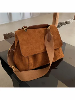 Чанта През рамо от Набук и кожа, с капак, Реколта чанта през рамо с широка каишка, Дамски Дизайнерски чанти с Голям капацитет, чанта-тоут