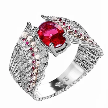 Луксозно Дамско Очарование, Голямо Овално пръстен с червен цирконии пръстен с пера Сребърен цвят За жени, Годежен пръстен с малък жълт камък, бижута