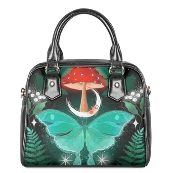Модерна нова чанта през рамо с шарките на растения и гъбички за жени, ежедневни чанти през рамо за пазаруване, чанта за партита от изкуствена кожа