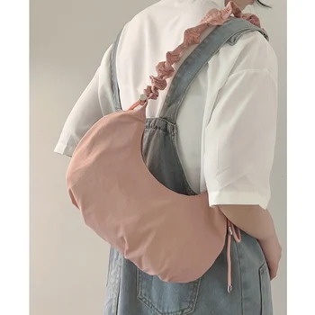Модерен Дамски Найлонова чанта през рамо с рюшами, Обикновена мека чанта с Голям капацитет, Ежедневни отличителни чанти за пътуване, Универсална женска чанта през рамо