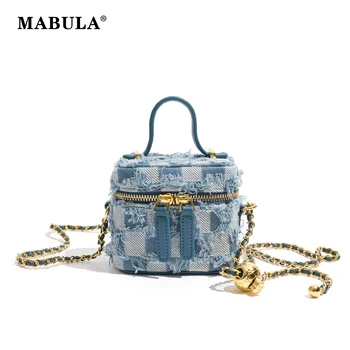 MABULA, Женски мини-чанти-кутии, Модни Сини дънкови чанти през рамо в шахматна дъска модел, Луксозен Дизайн, чантата през рамо с веригата, Малка в чантата си-тоут