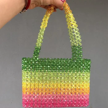 Ръчно изработени чанти с розови мъниста за жените, Нови модни дамски чанти през рамо в цветна ивица, Индивидуална чанта с кристали