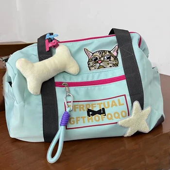 Корейската мода Cartoony Котка в Контрастен цвят, по-Голямата Голям Ежедневни Дамски чанта през рамо, Спортна чанта за фитнес зала, чанта за йога, Пътна чанта