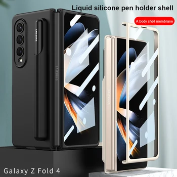 Течен Силиконов Калъф за телефон Samsung Galaxy Z Fold 4 5G Калъф за телефон със Слот S Pen Титуляр със Закалена Фолио за Z Fold 4 5G